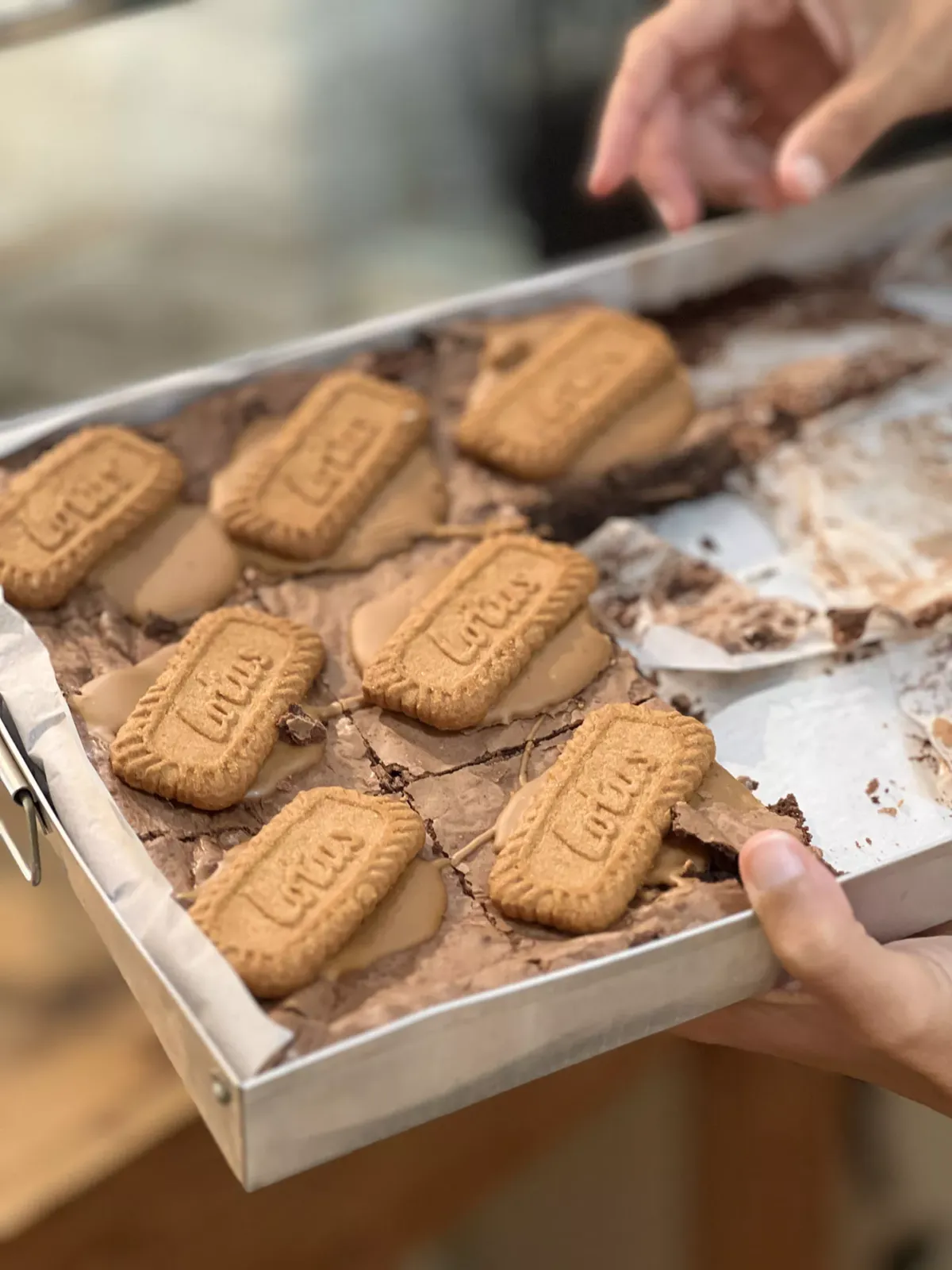 Persona sosteniendo bandeja de brownies roll lotus